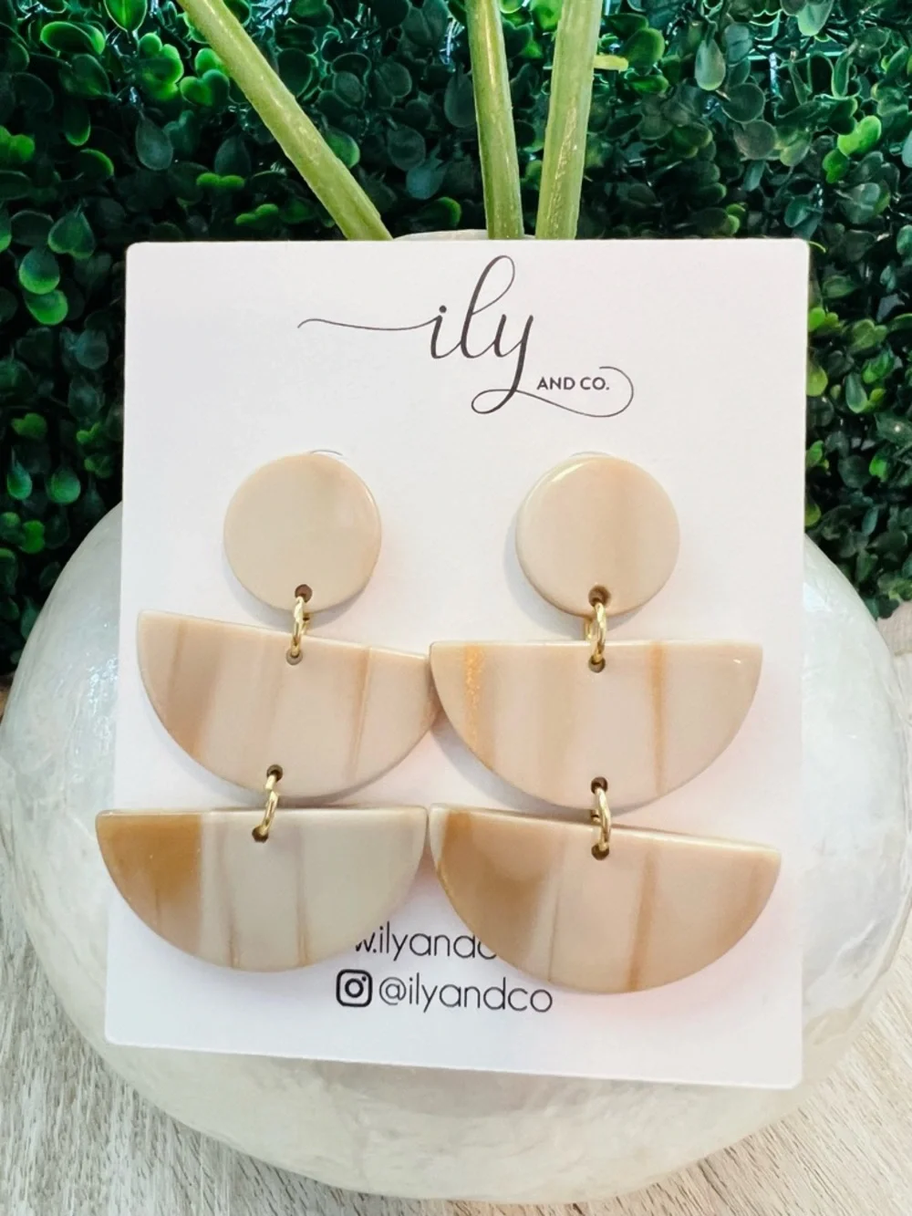 New Marbled Ivory Triple Tier Half Moon Statement Dangle Earrings | Gold Accents